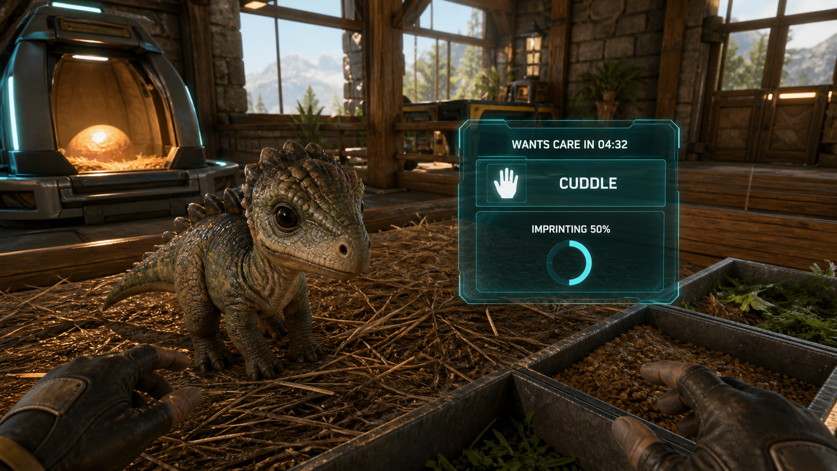 Baby dinosaur asking for a cuddle with imprinting progress displayed