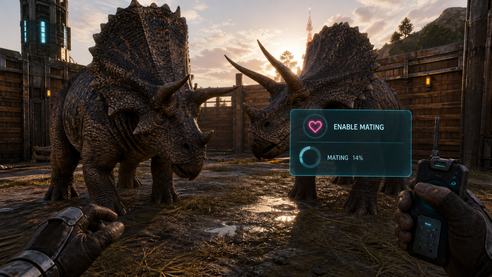 Two dinosaurs in a breeding pen with mating progress visible