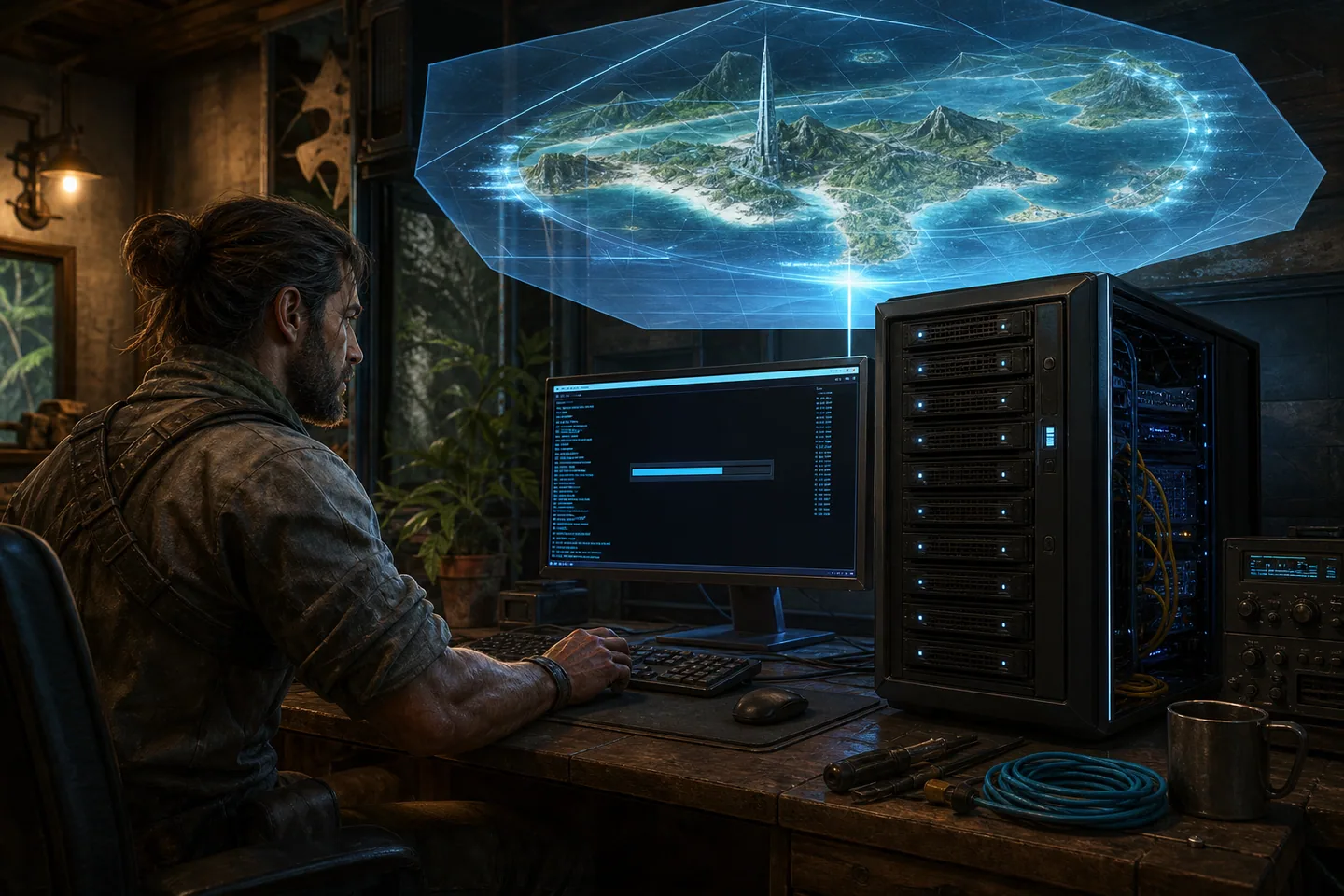 Survivor installing dedicated server files beside a holographic island map
