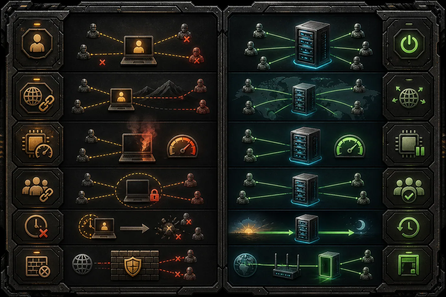 Visual comparison of host restrictions and dedicated server independence