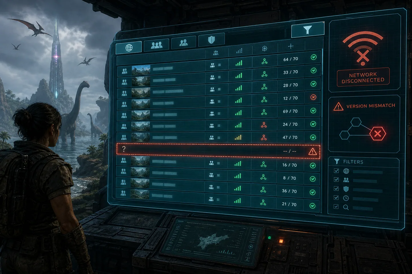 Server browser highlighting a missing session with network and version warnings