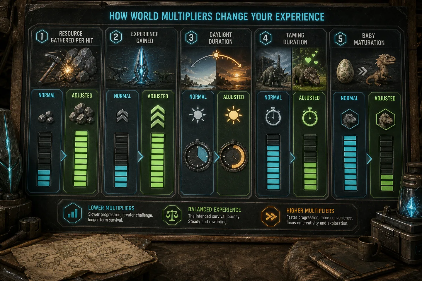 Effects of resource, experience, daylight, taming and maturation multipliers