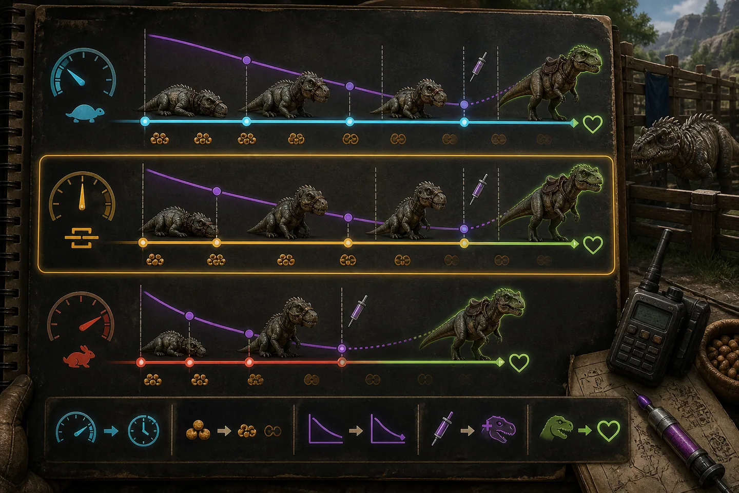 Three taming-speed timelines comparing food, torpor, narcotics and completion