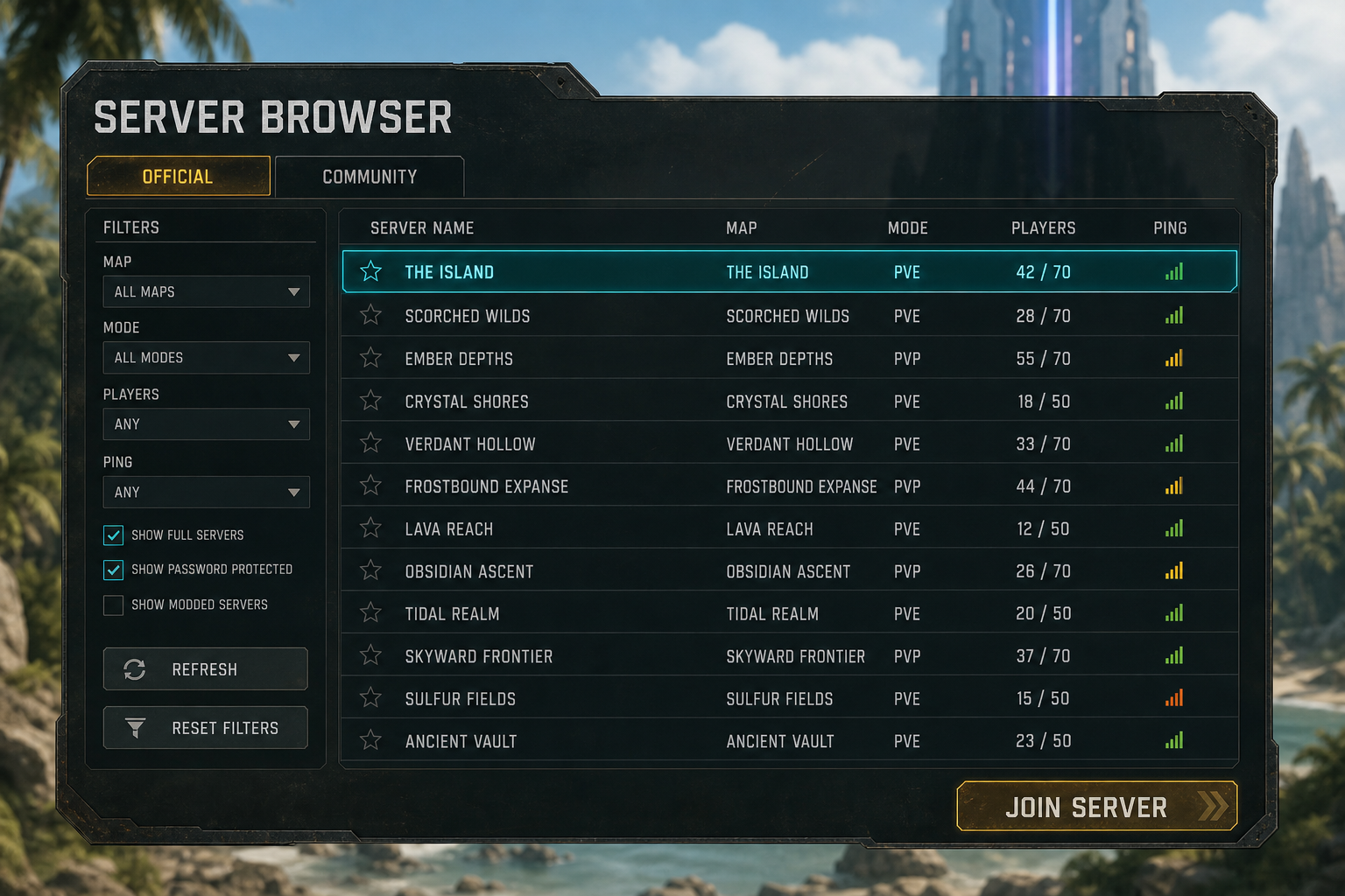 ARK server browser comparing official and community sessions