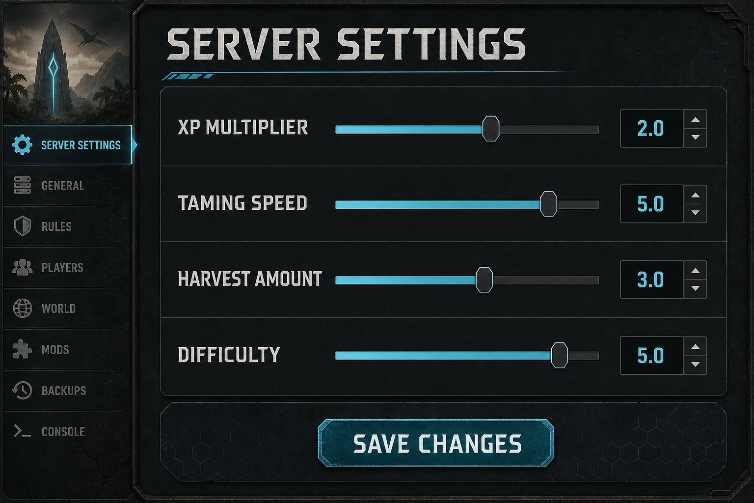 Server settings panel showing XP, taming, harvesting and difficulty values