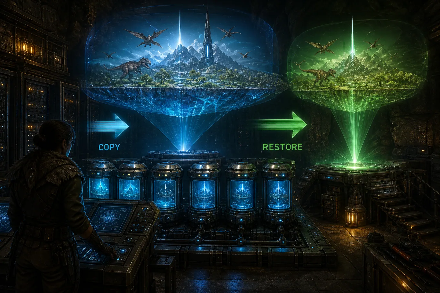 Persistent game world snapshots copied to an archive and restored