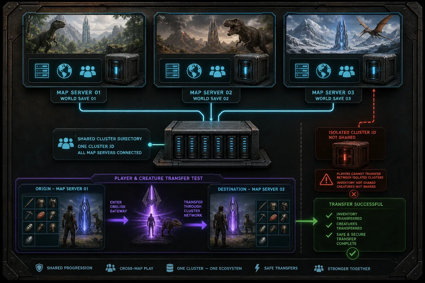 Shared cluster storage connecting three map servers and a transfer test