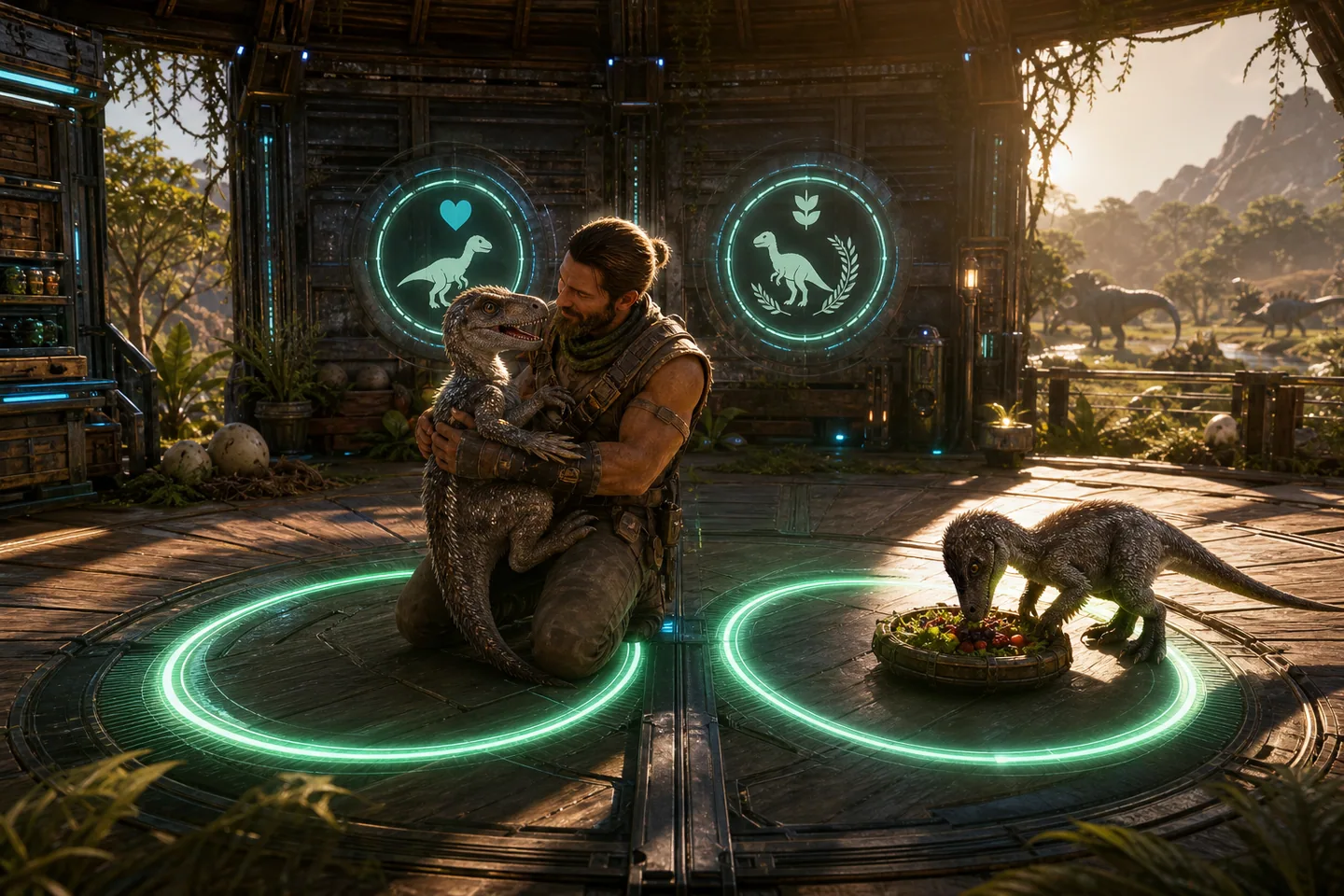 Survivor completing care interactions with baby dinosaurs in a protected nursery
