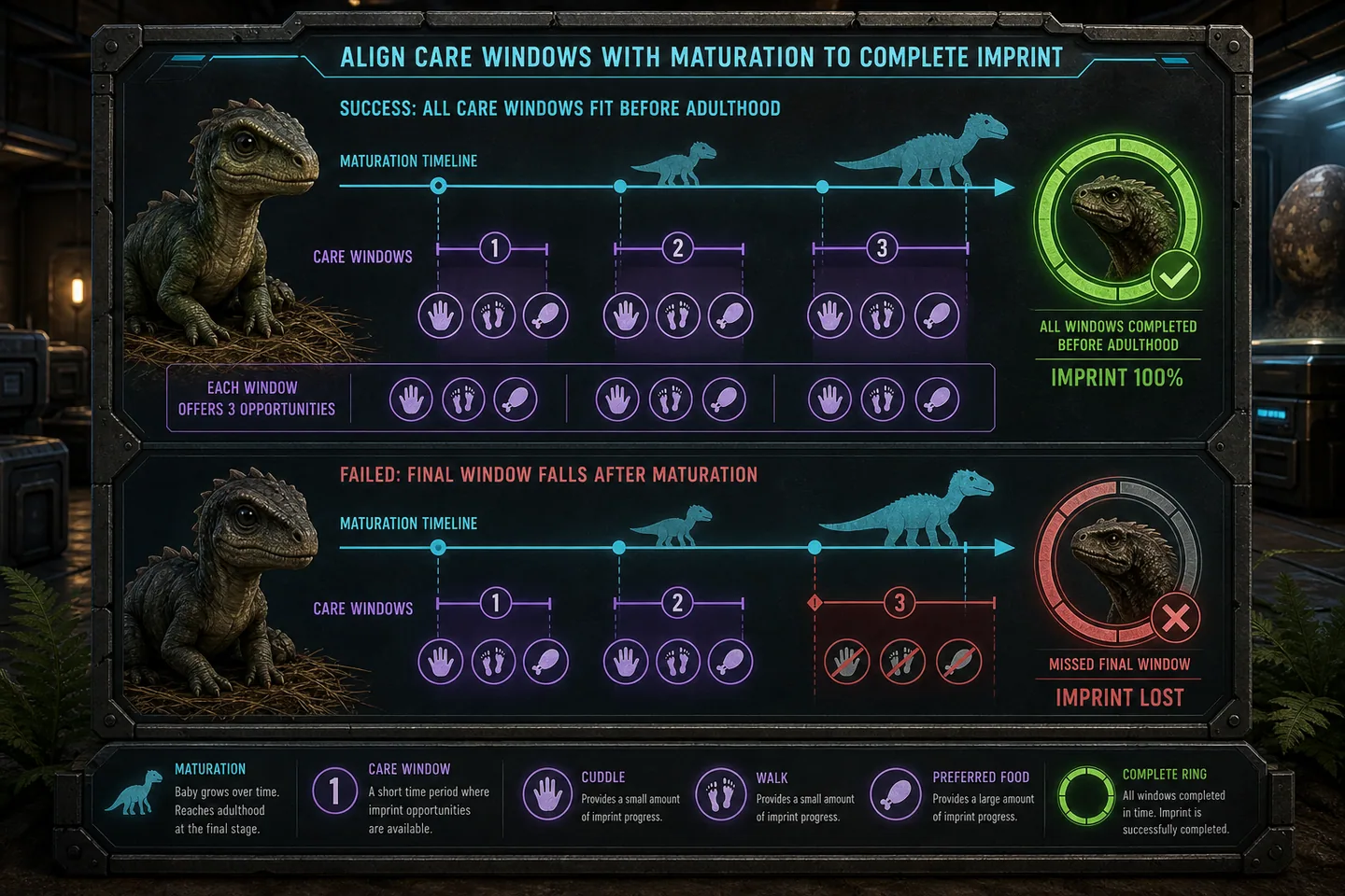 Imprint care windows aligned with a creature maturation timeline