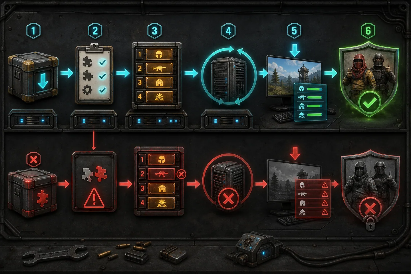 Mod installation and validation sequence with successful and incompatible paths