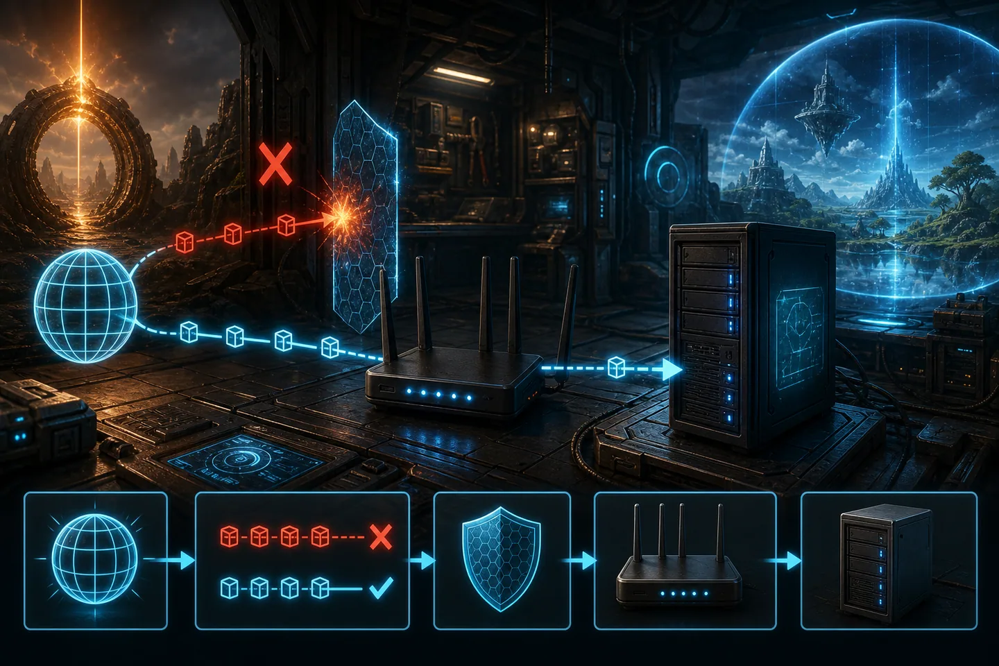 Internet traffic routed through a firewall and router to a dedicated game server