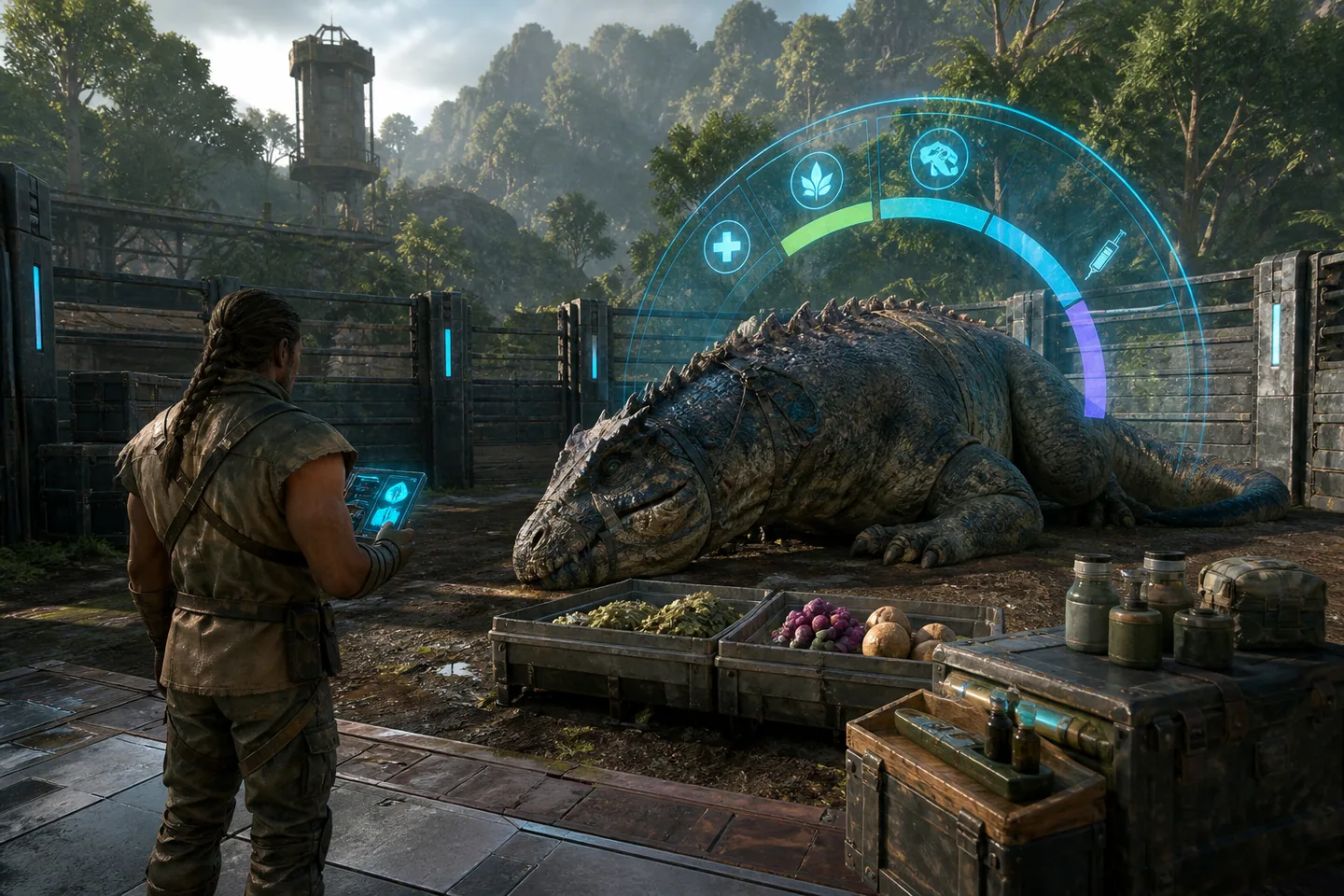 Survivor monitoring a dinosaur tame with food, torpor and progress indicators